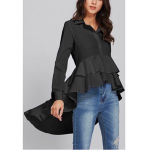 Black High Low Ruffles Hem Button Down Blouse